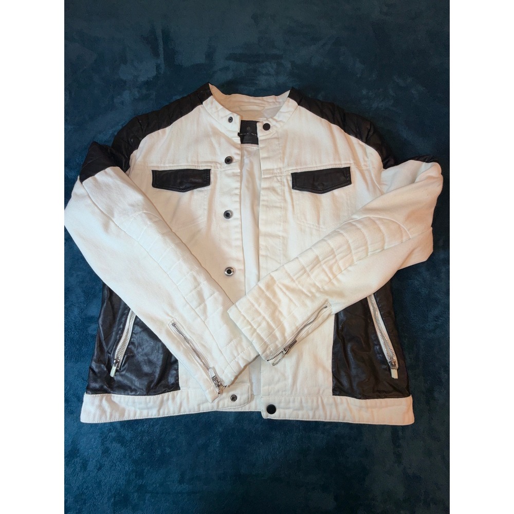 Zara Man Denim Collection Biker Jacket White Black Faux Leather Moto Mens XL